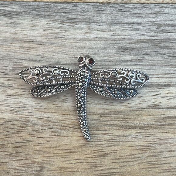 Vintage Dragonfly Sterling Silver 925 Marcasite & Crystal Pin - Picture 5 of 5